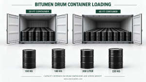 200-liter bitumen drums loaded without pallets in a 20-ft container