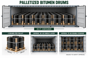 Palletized bitumen drum container loading in a 20-ft container