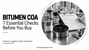 Bitumen sample in a metal container beside a Certificate of Analysis being reviewed in a laboratory.