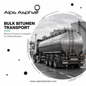 Road tanker transporting bulk bitumen for asphalt production and road construction.