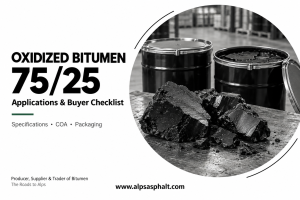 Black-and-white illustration of solid oxidized bitumen samples and steel drums for a 75/25 applications and buyer checklist article